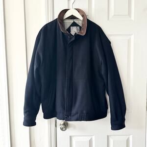 Lord & Taylor Vintage Kensington Blue Green Wool Tan Leather Collar Zip Jacket